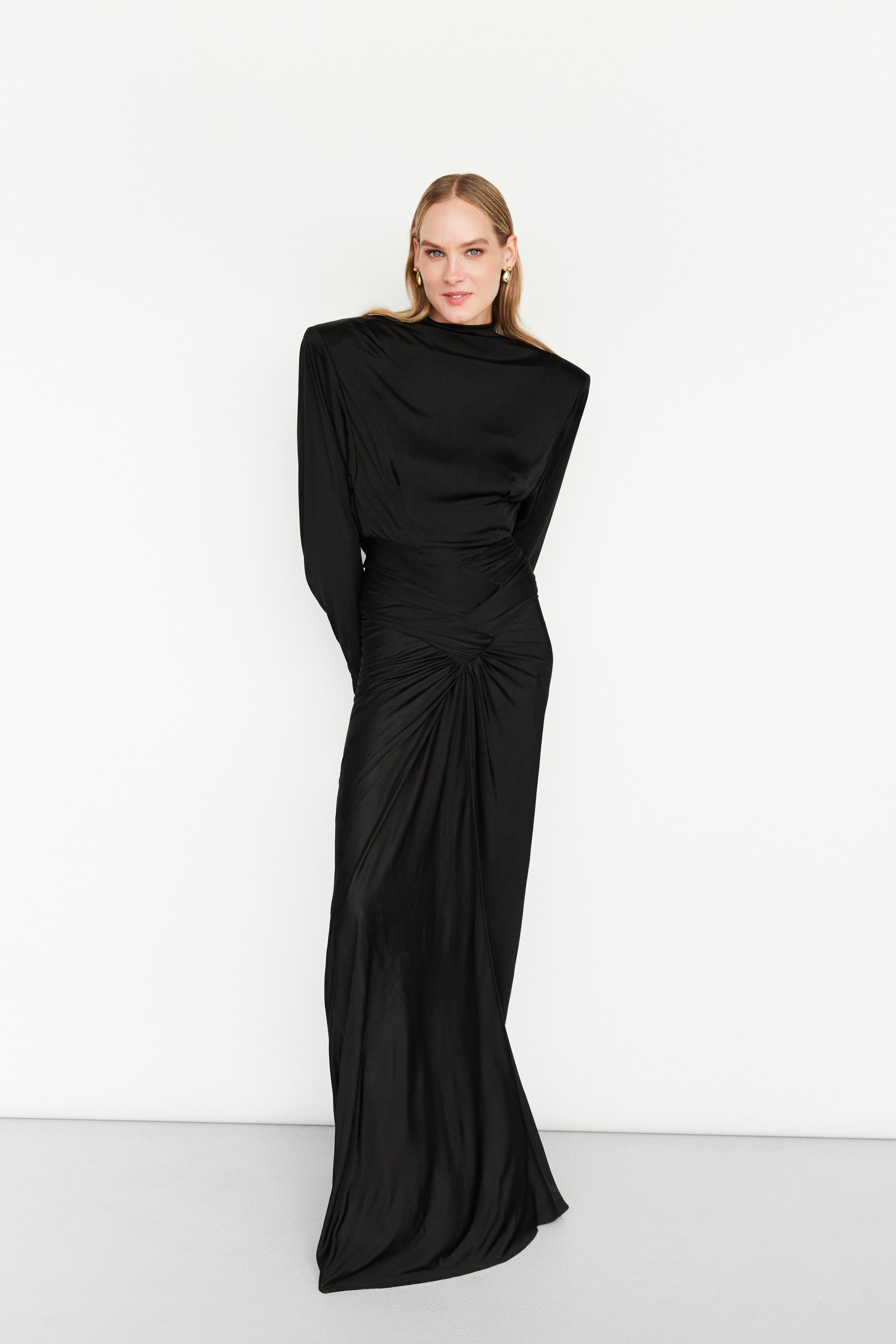 gown with shoulder pads