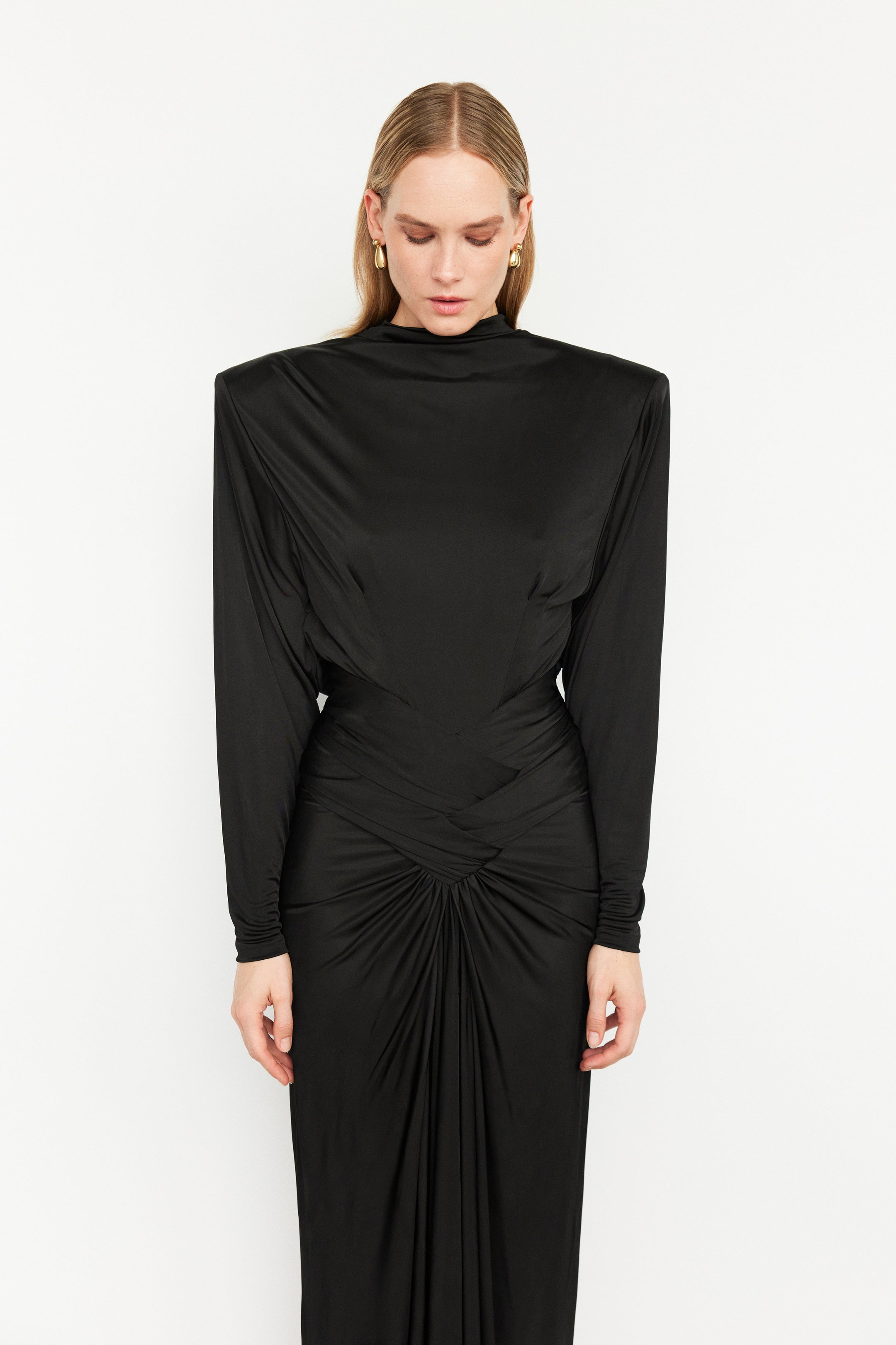 gown with shoulder pads