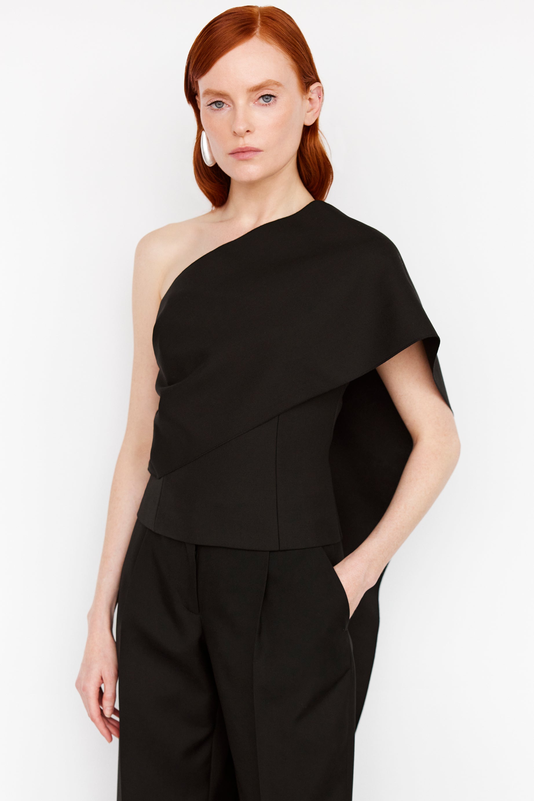 one-shoulder cape top