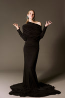 off-shoulder draped gown