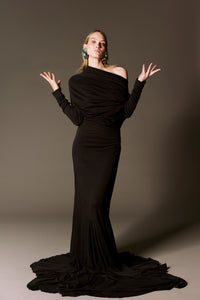 off-shoulder draped gown