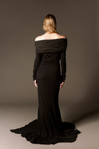 off-shoulder draped gown