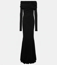 off-shoulder draped gown