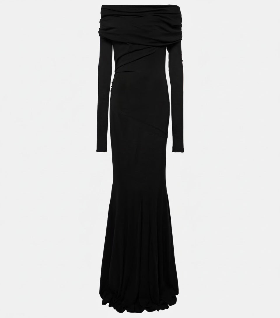 off-shoulder draped gown