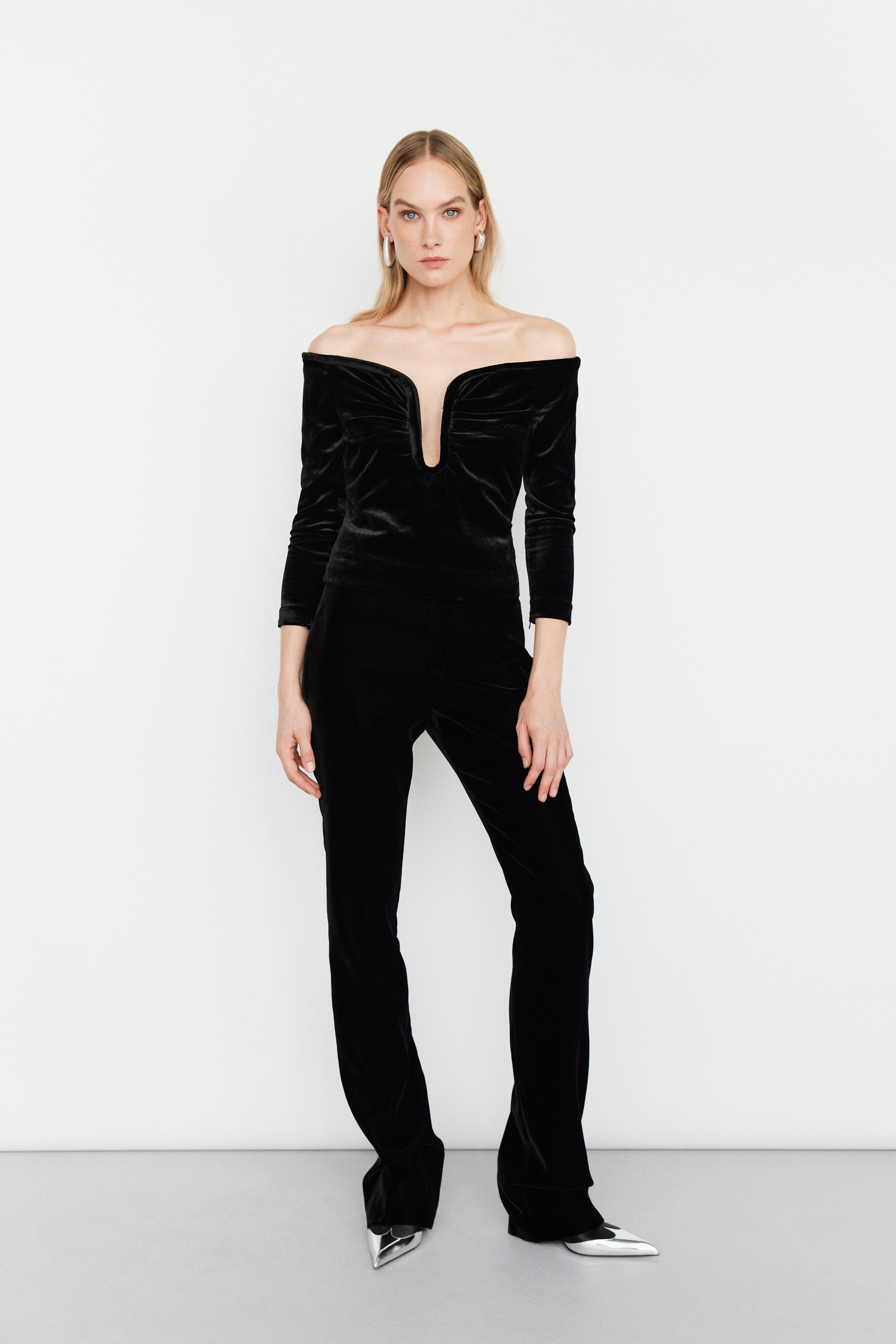 off-shoulder velvet top